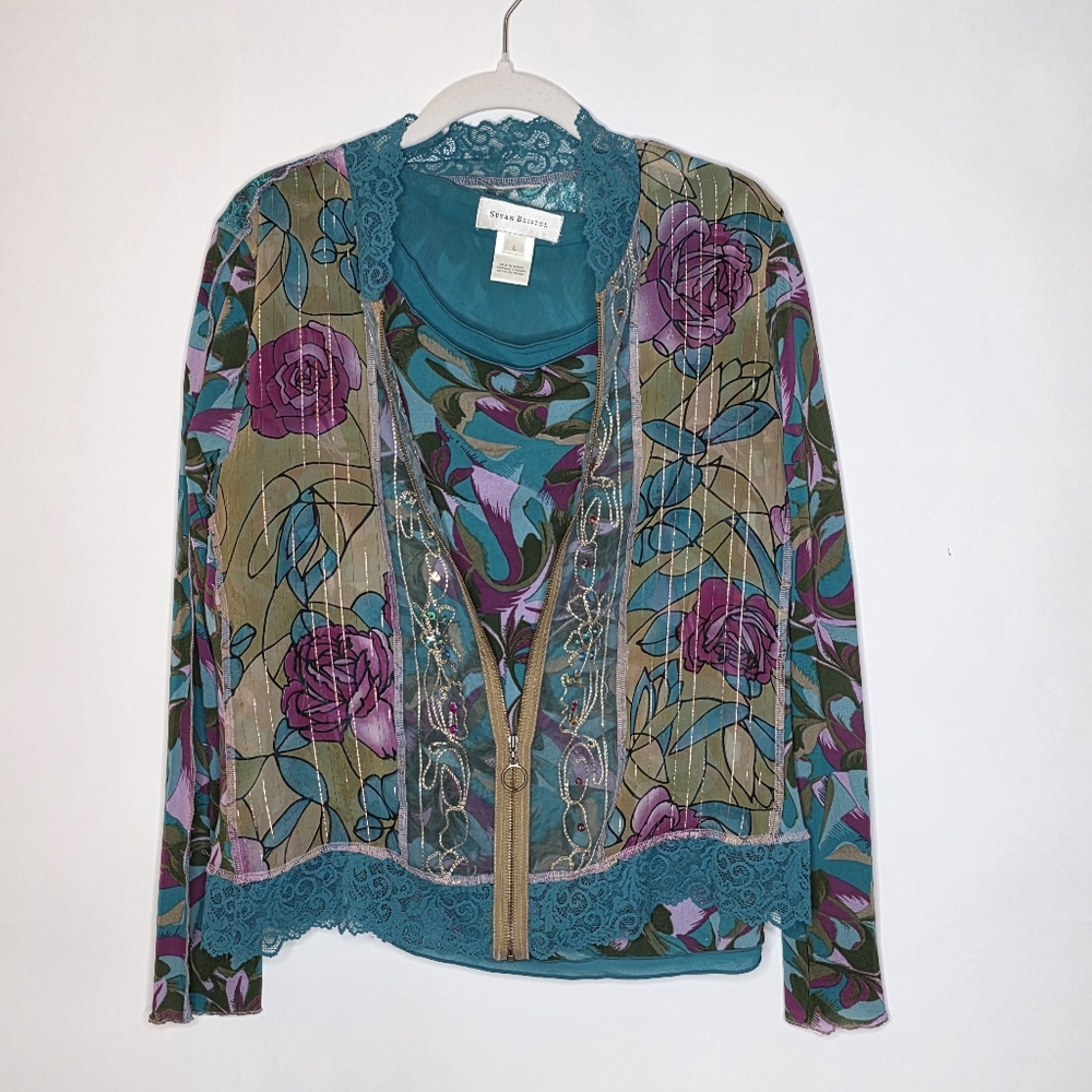 Susan Bristol Vintage 2pc Artsy Mesh & Lace Top & Jacket Large Turquoise